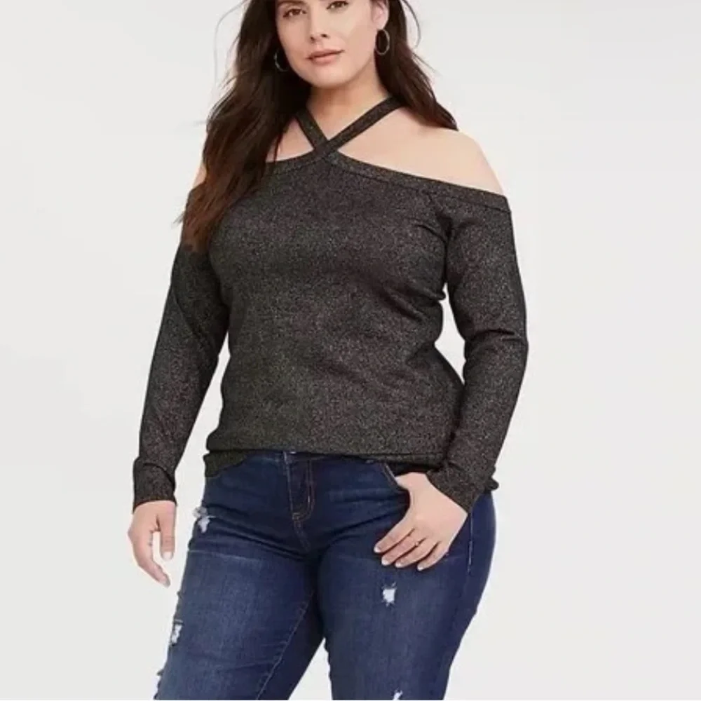 Torrid Black Metallic Cross Neck Back Zip Cold Shoulder Shirt Size 2X - Picture 1 of 8